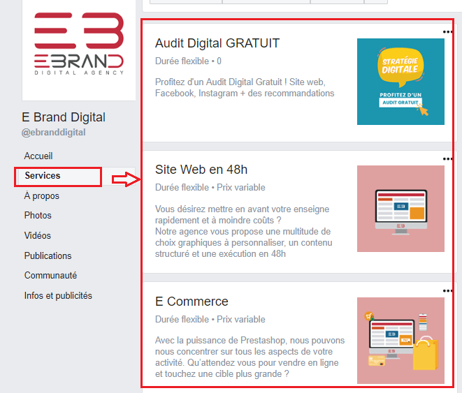 facebook page services section affichage