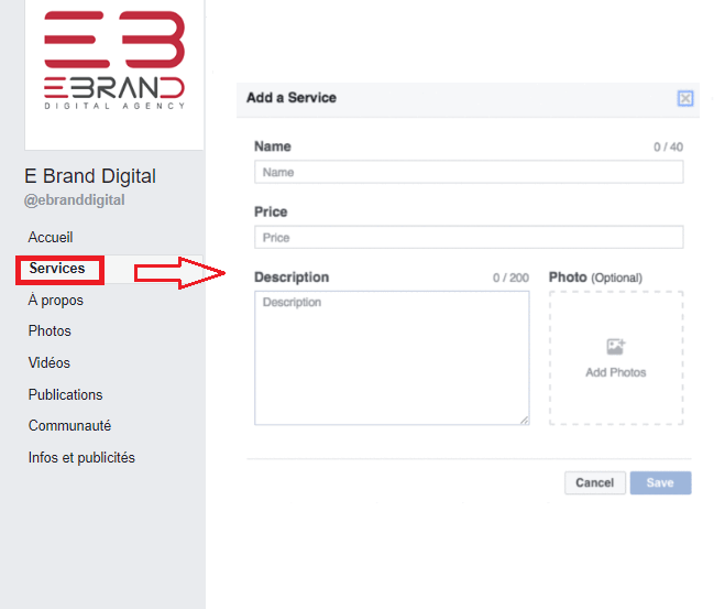 facebook page services section ajout détails