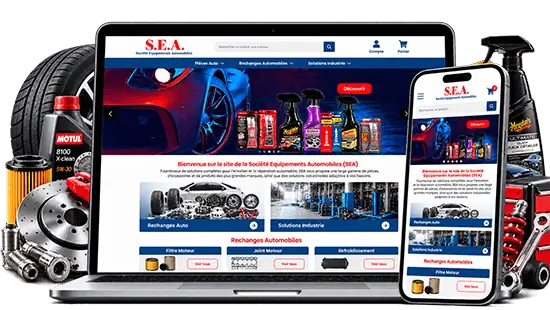 Site e-commerce de la Société Équipements Automobiles sur ordinateur et mobile